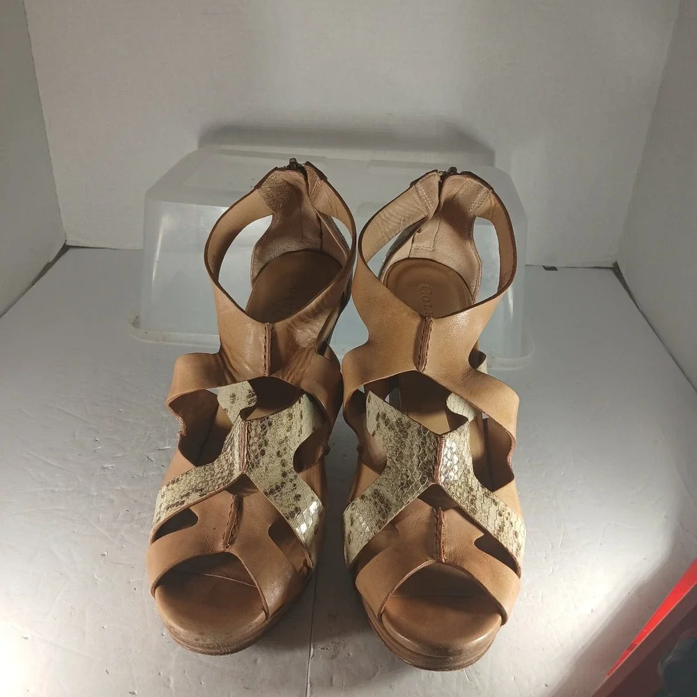 Cole Haan Wedge Sandals 8B Tan Snakeskin Strappy Leather D37883 Boho Chic